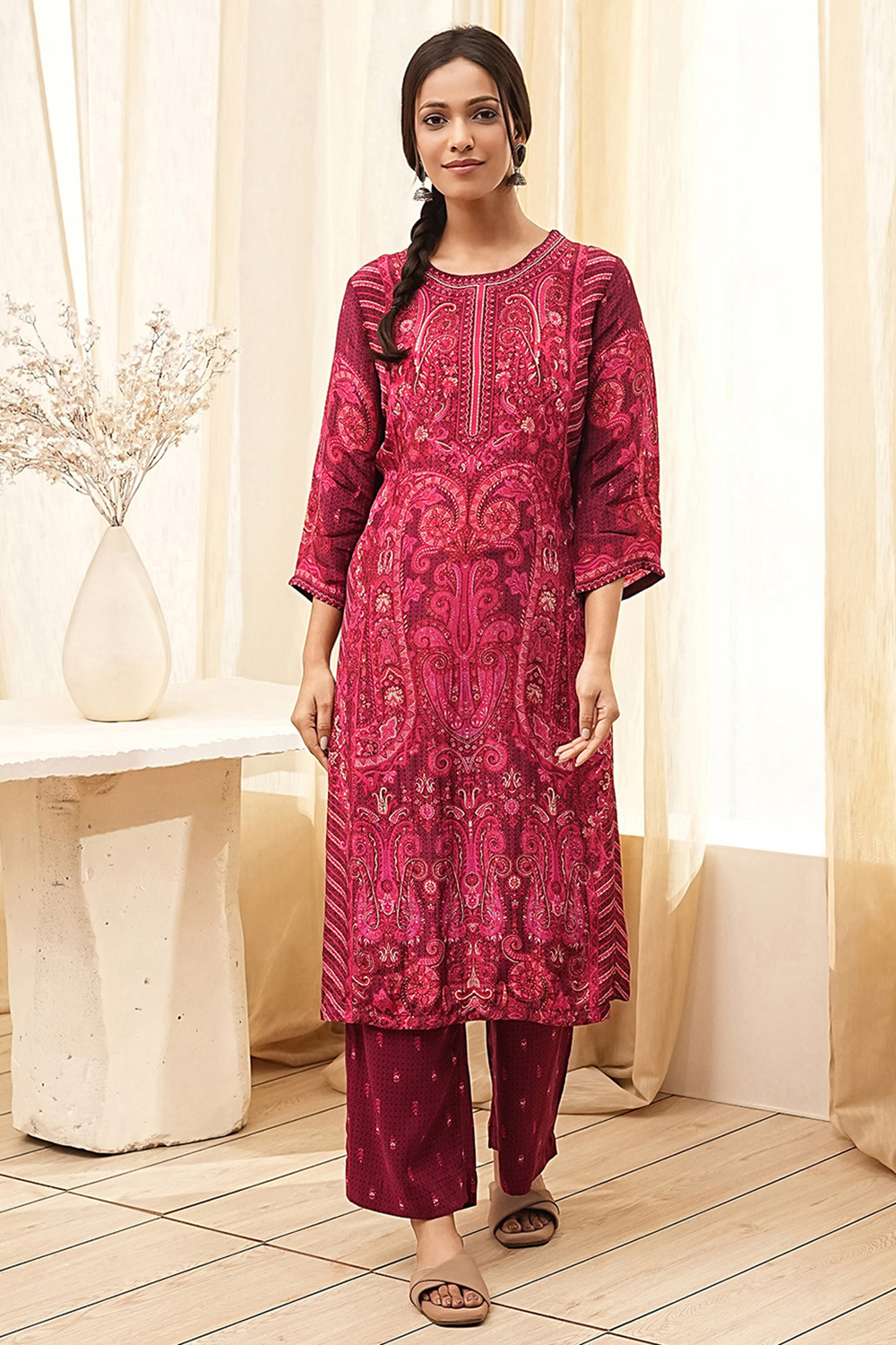 Burgundy Crepe Printed Straight Kurta Set image number 6