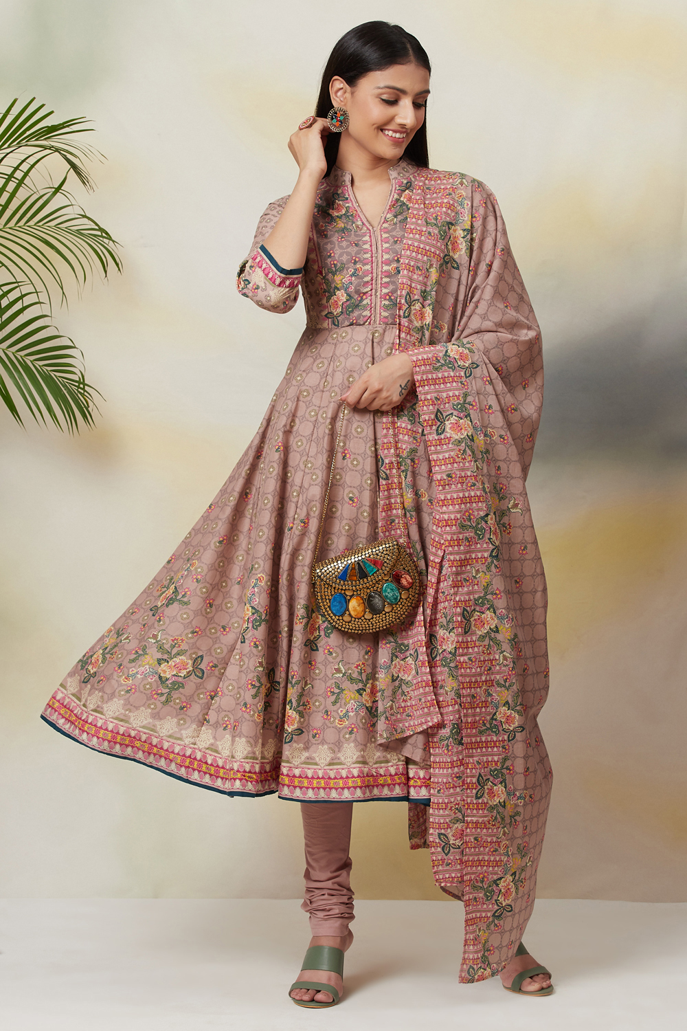 Mouse Grey Cotton Anarkali Kurta Churidar Suit Set image number 0