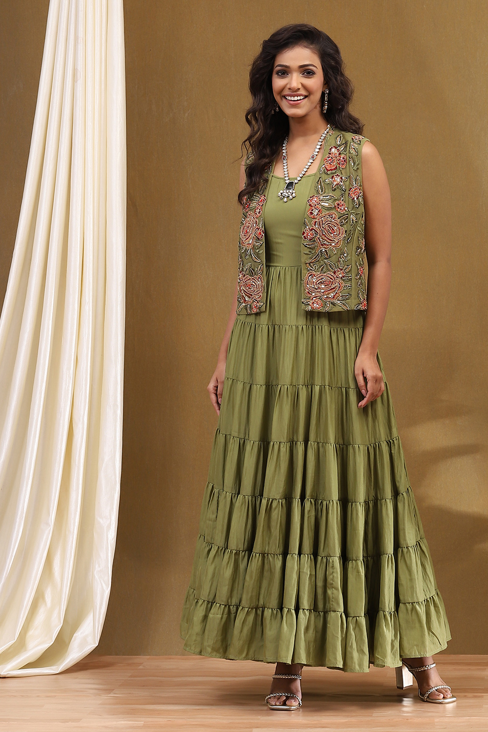 Green Georgette Festive Tiered Anarkali Dress image number 3