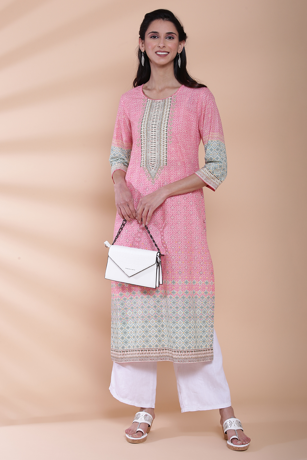 Pink Cotton Straight Printed Kurta image number 0