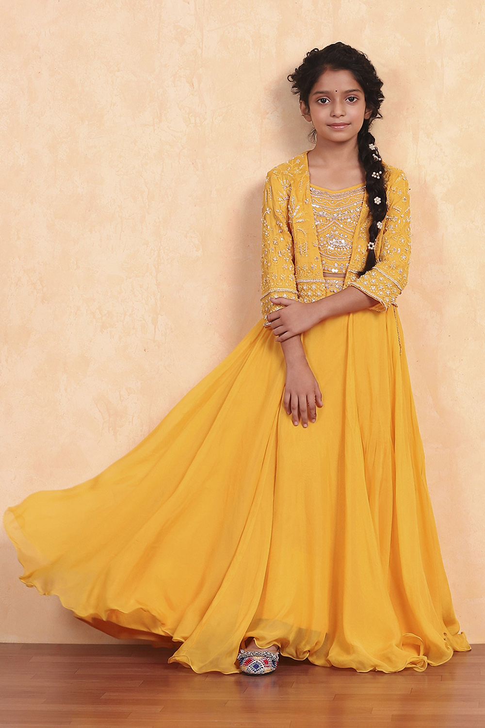 Ochre Viscose Blend Short Straight Lehenga Set image number 0