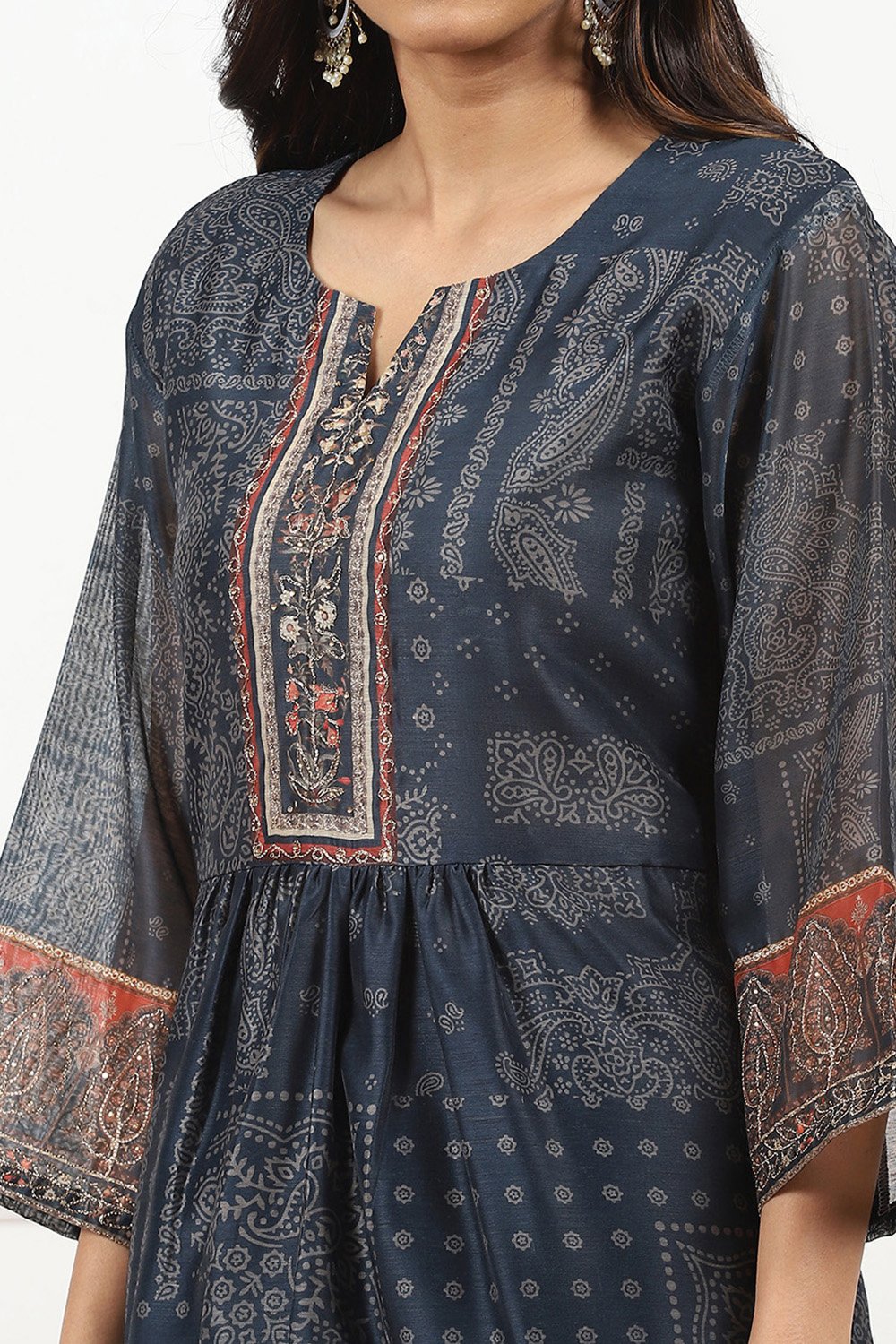 Blue Chanderi Printed Gathered Unstitched Suit Set image number 1