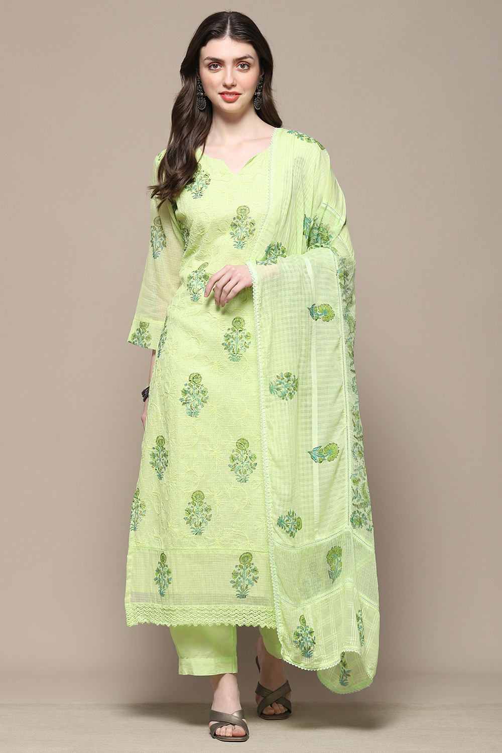 Pista Green Cotton Blend Unstitched Suit set image number 8