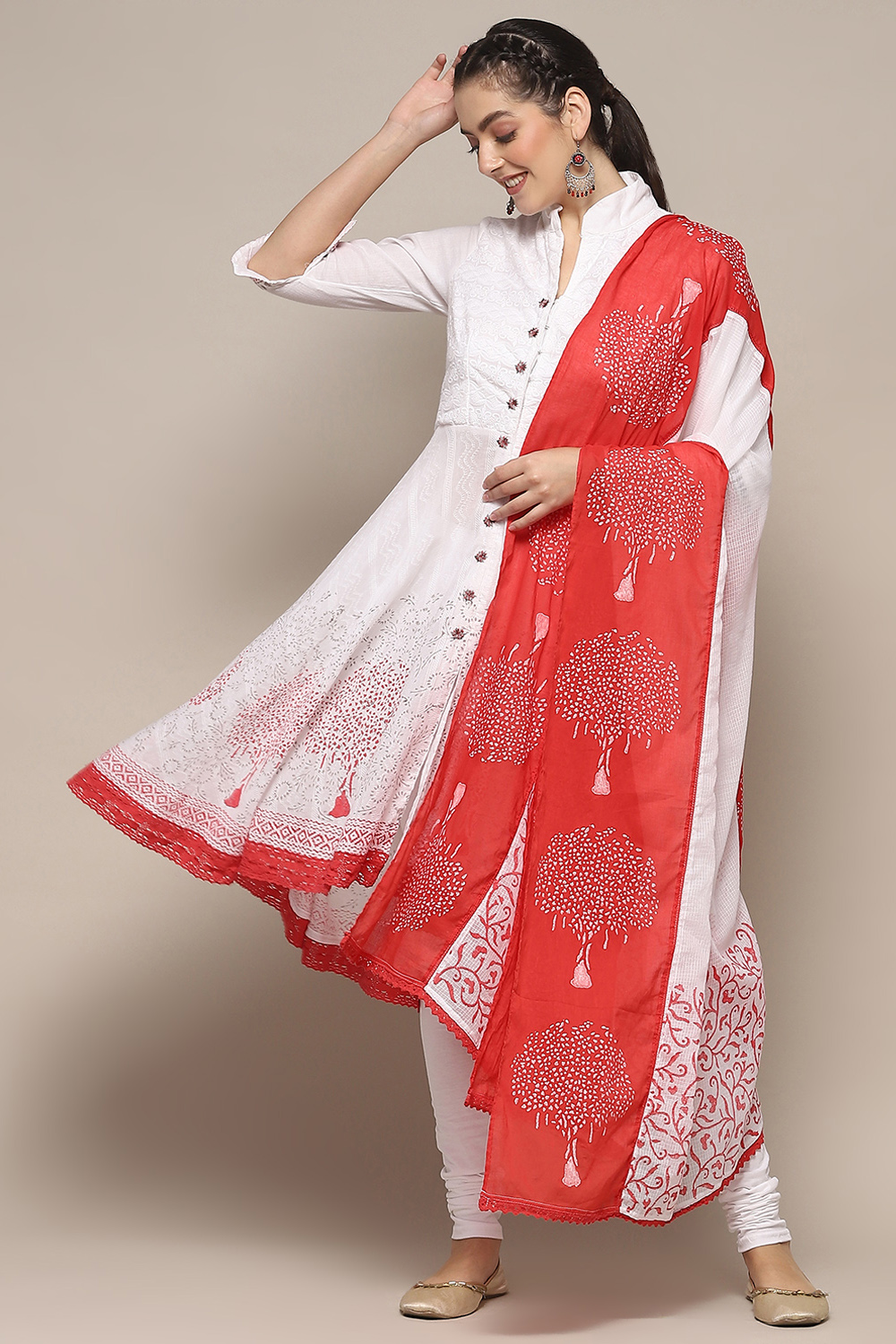 White Red Cotton Asymmetric Solid Kurta Churidar Suit Set image number 0