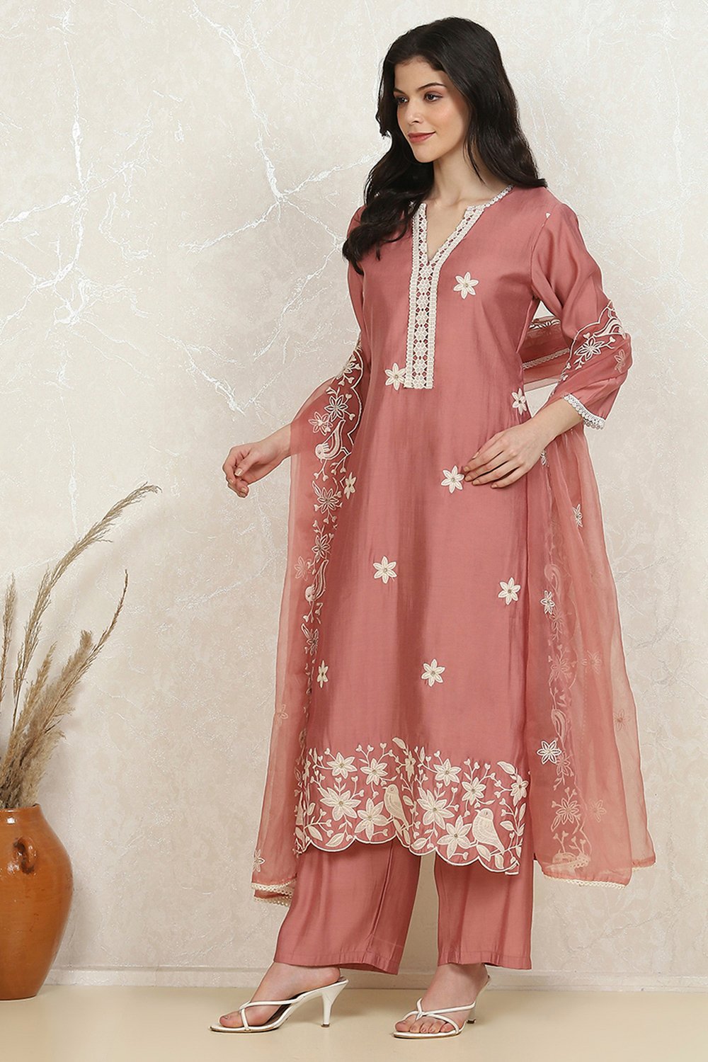 Peach-Pink Modal Machine Embroidered Unstitched Suit Set image number 4