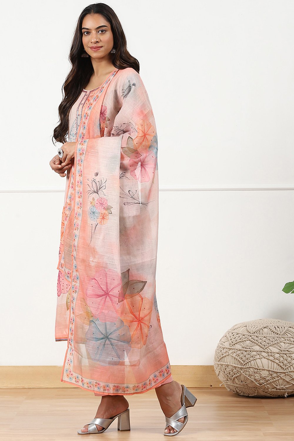 Peach-Colored Linen Printed Embroidered Unstitched Suit Set image number 5