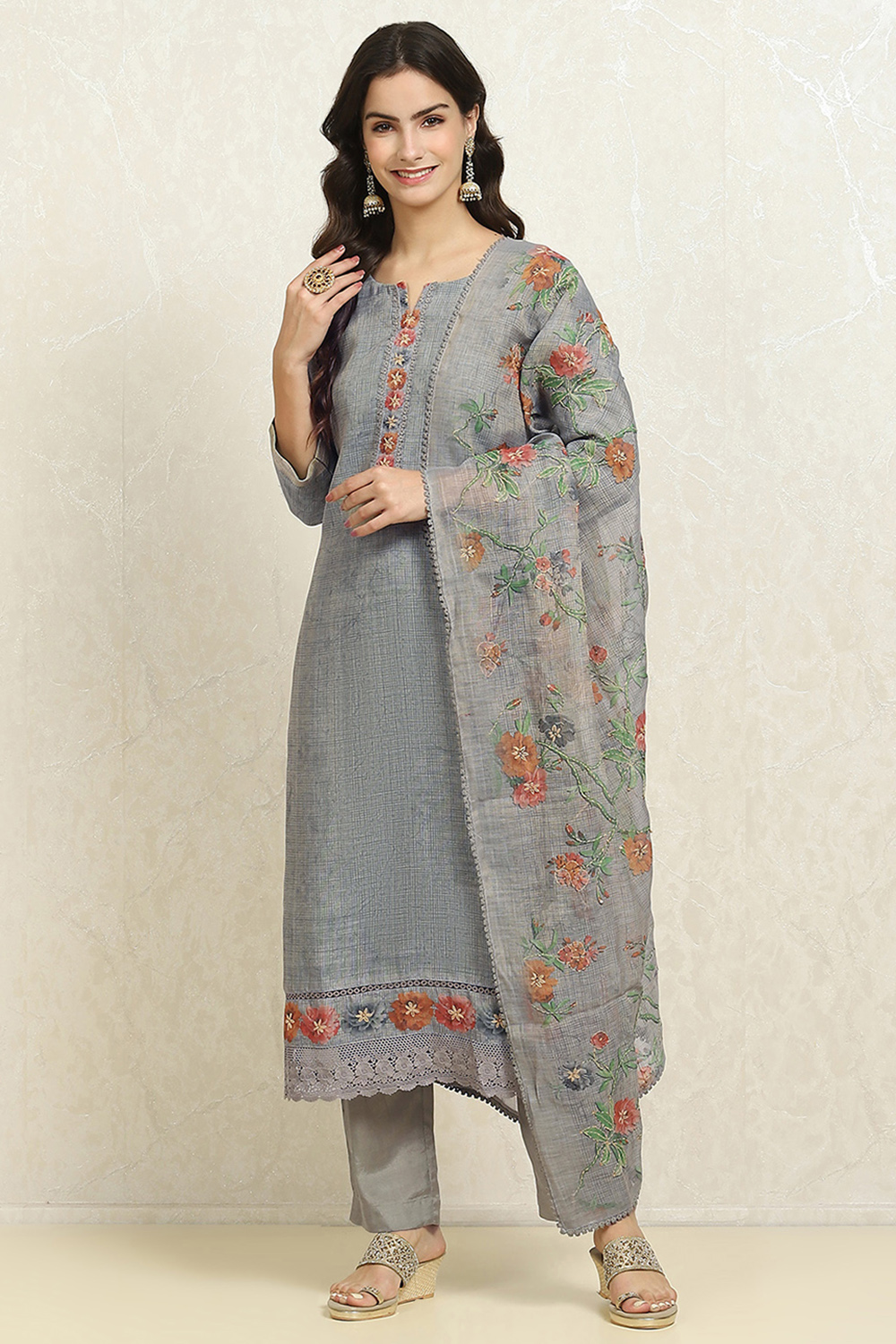 Grey Linen Blend Printed  Embroidered Unstitched Suit Set image number 1