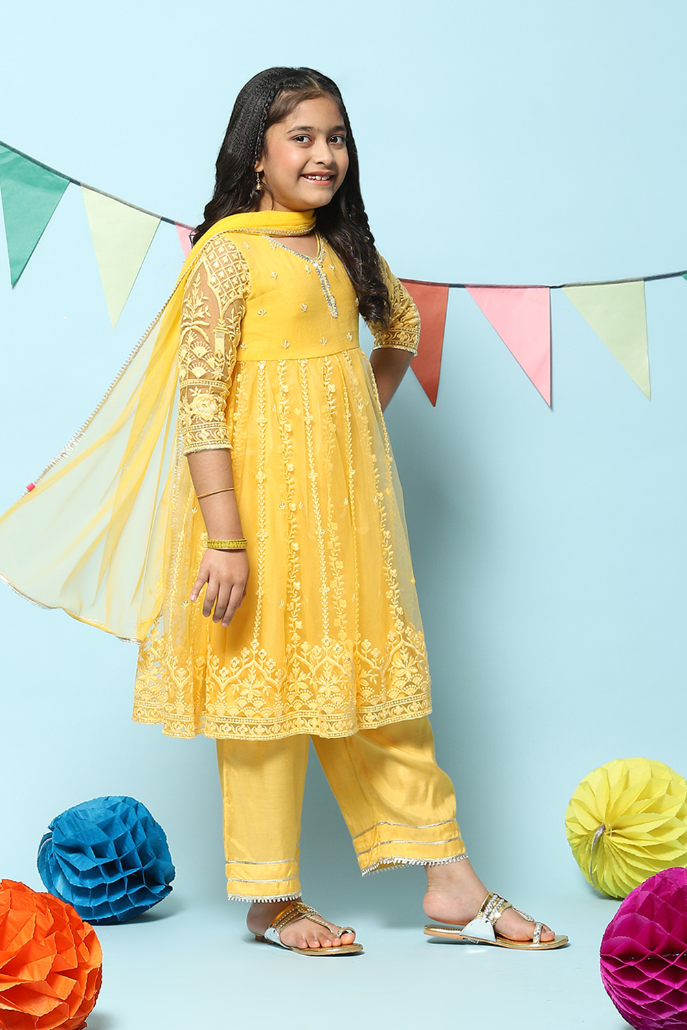 Yellow Nylon Gathered Embroidery Kurta Palazzo Suit Set image number 2