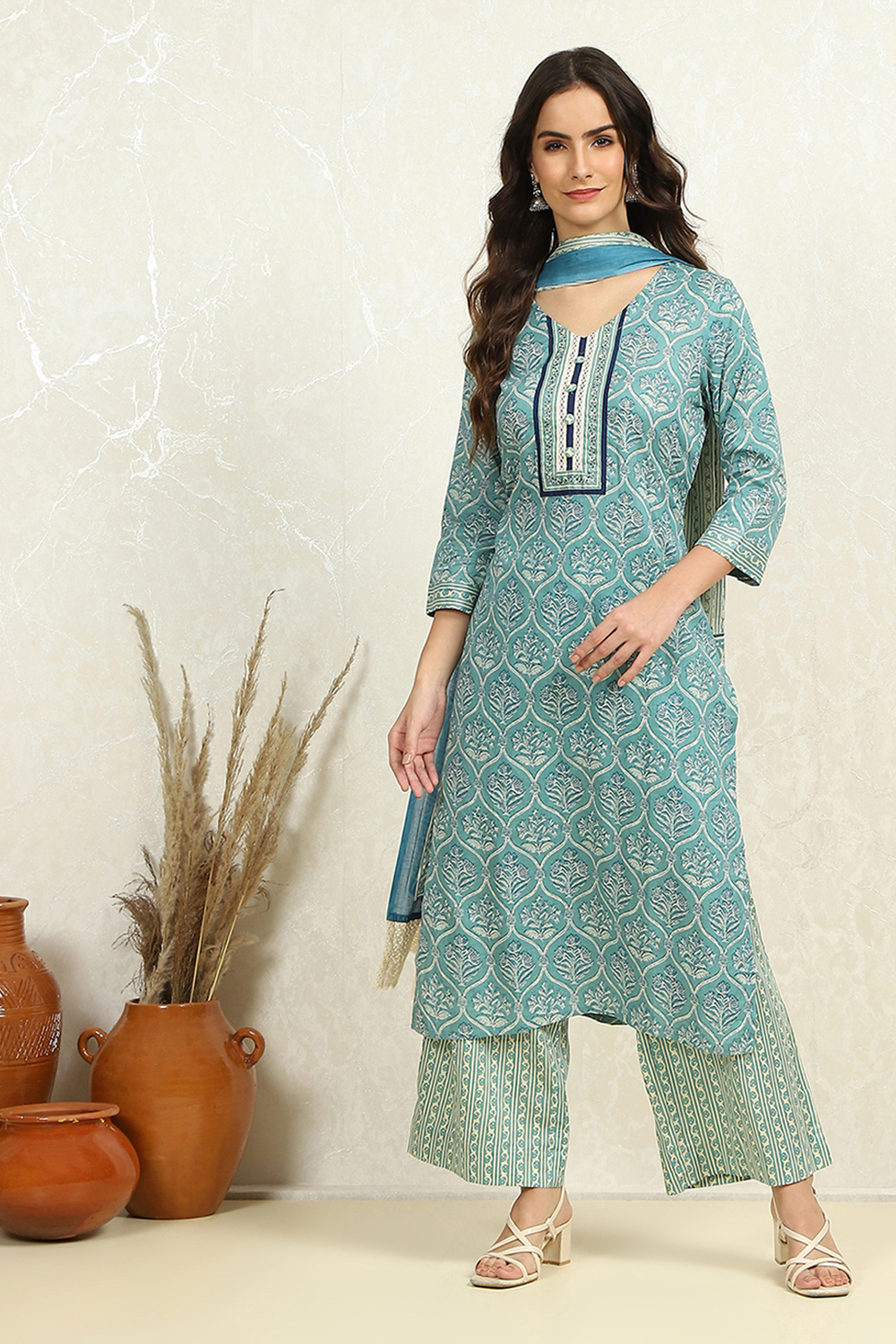 Blue Cotton Hand Block Print Unstitched Suit Set image number 1