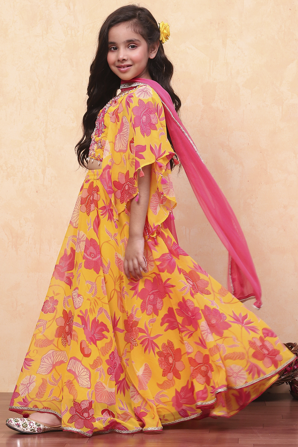 Yellow and Pink Georgette Floral Flared Lehenga Set image number 3