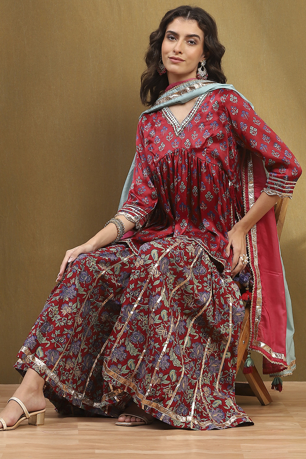 Cherry Red Viscose Blend Peplum Kurta Suit Set image number 0