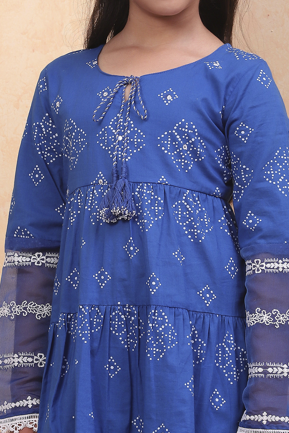 Blue Cotton Printed Flared Festive Tiered Suit Set image number 1