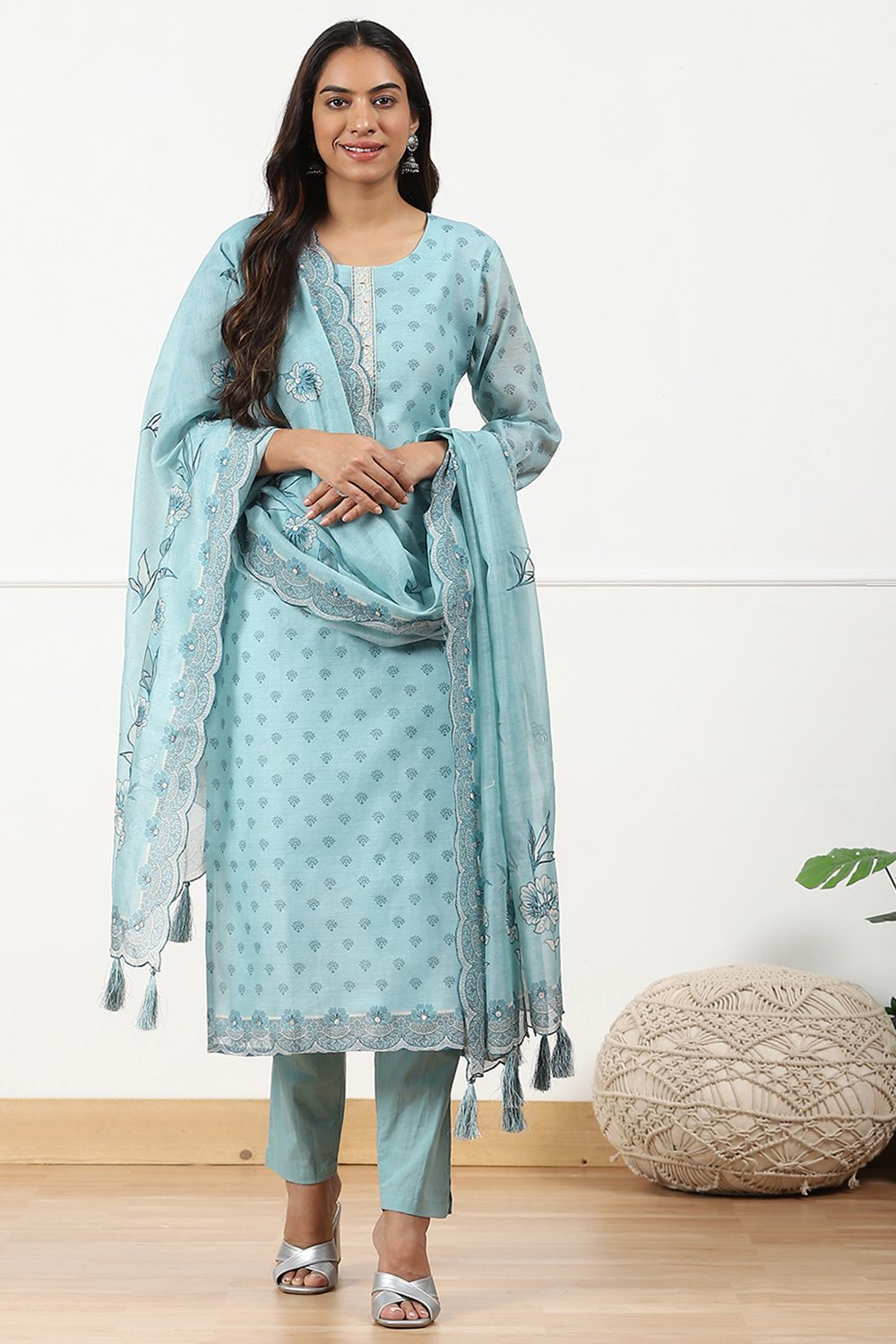 Light Green Chanderi Floral Printed Unstitched Suit Set image number 1