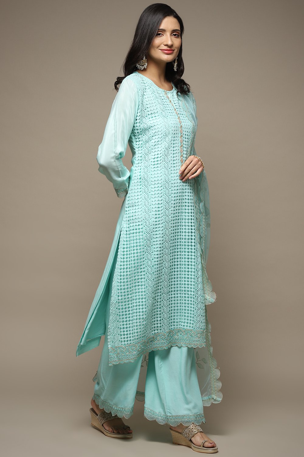 Light Green Muslin Lace Unstitched Suit Set image number 7