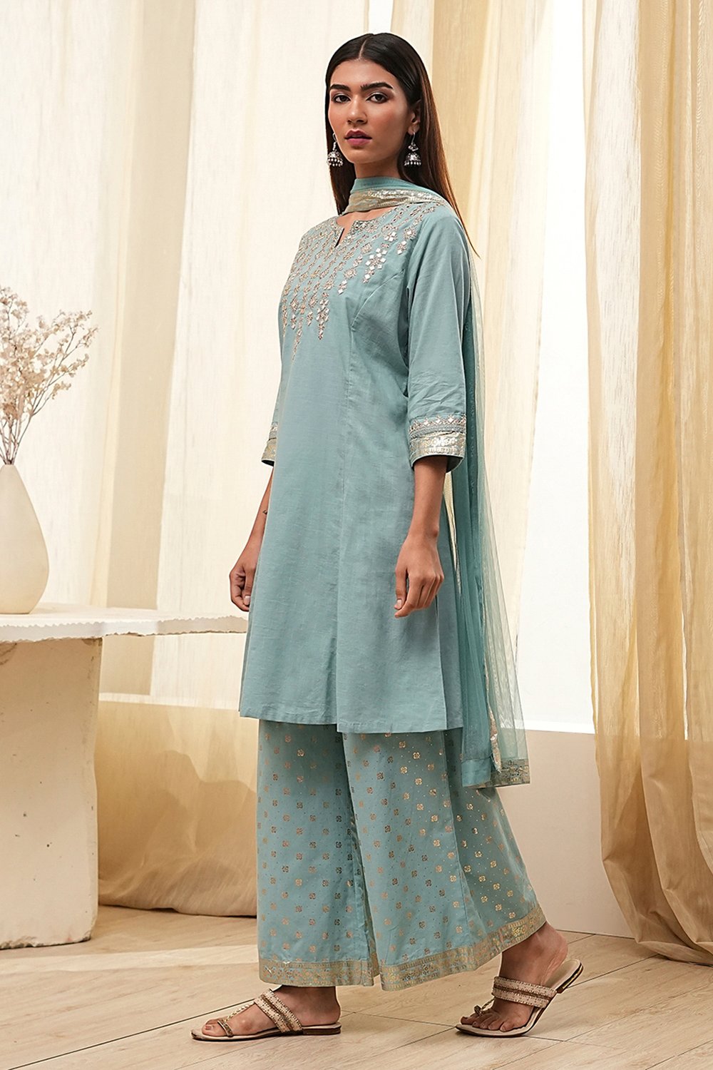 Dull Blue Cotton Kalidar Suit Set image number 3