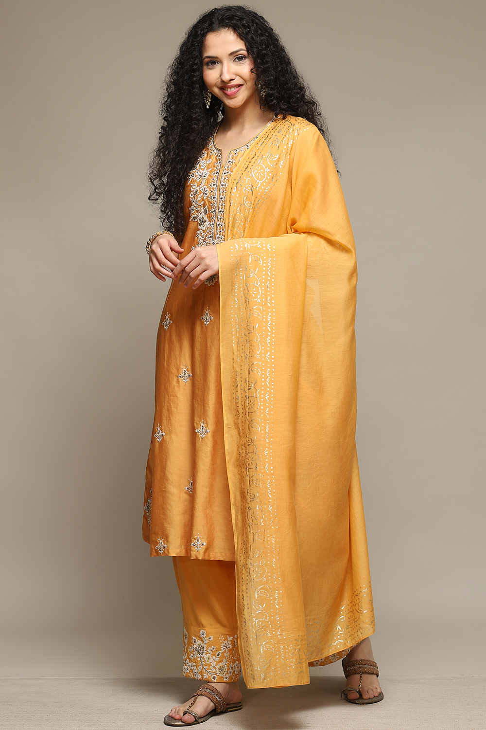 Ochre Cotton Blend A-Line Kurta Palazzo Suit Set image number 5