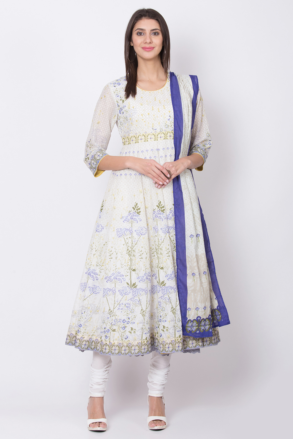 Off White Cotton Anarkali Kurta Churidar Suit Set at Biba India