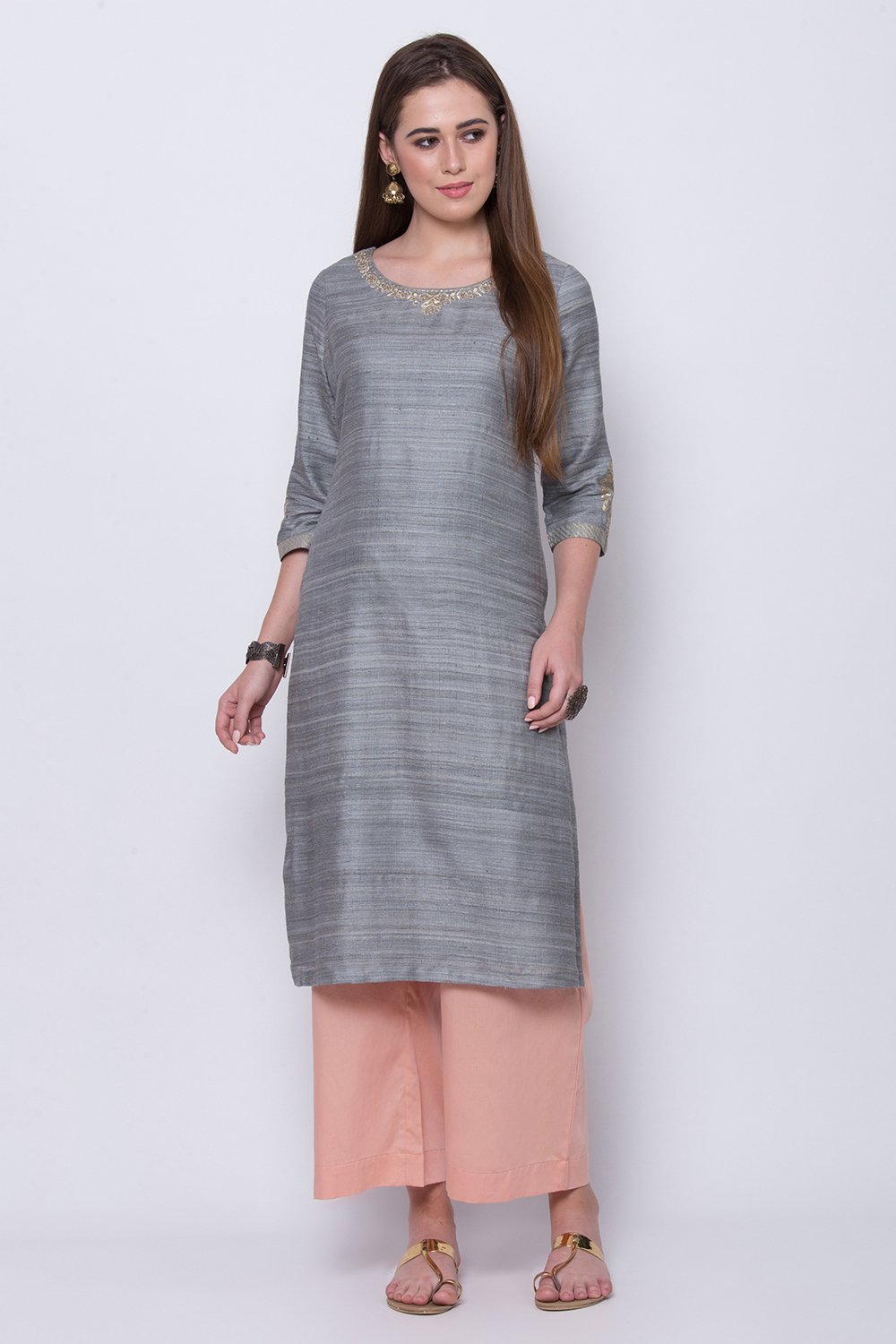 Grey Silk Straight Kurta Palazzo Suit Set image number 4