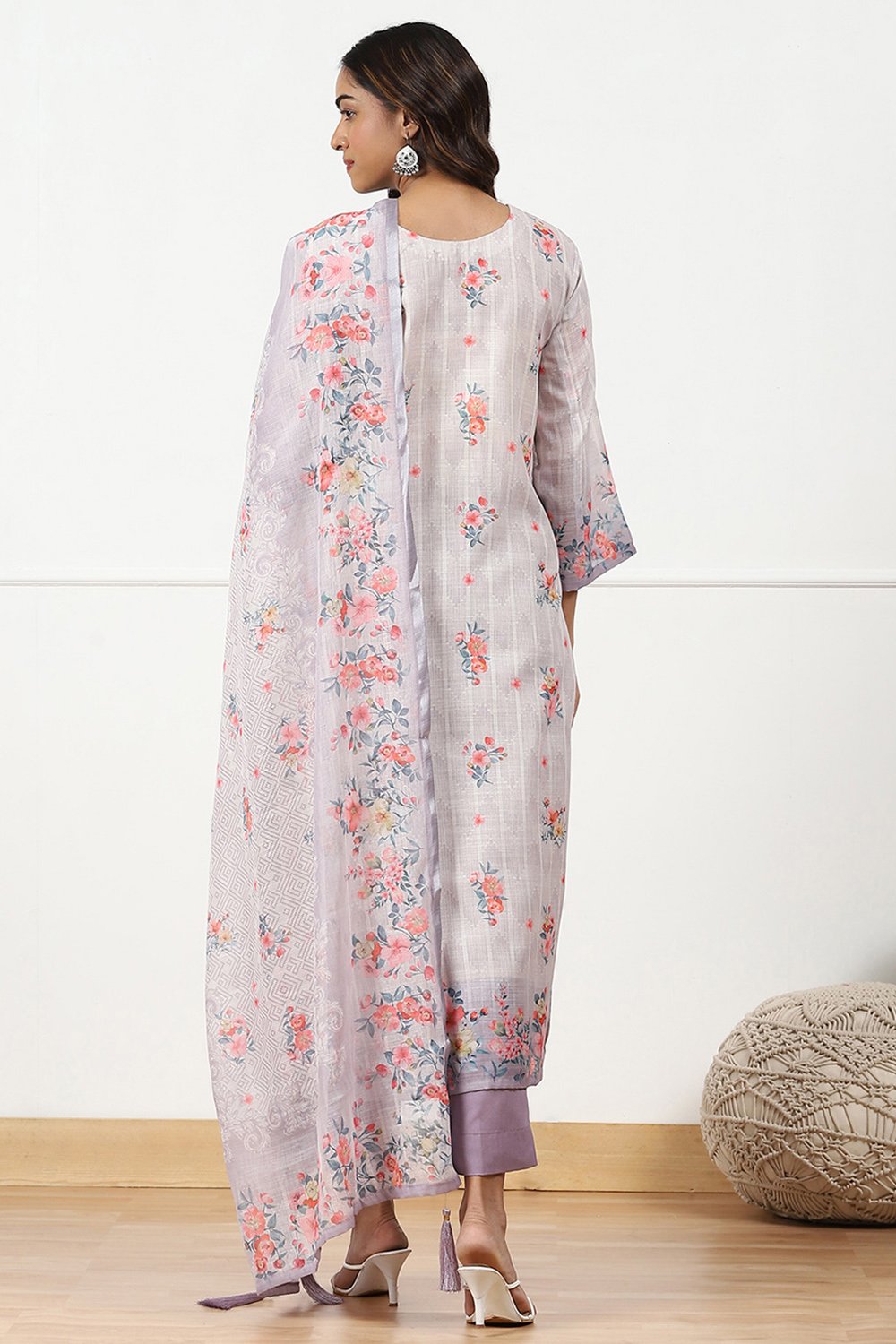 Beige Linen Floral Printed Unstitched Suit Set image number 6