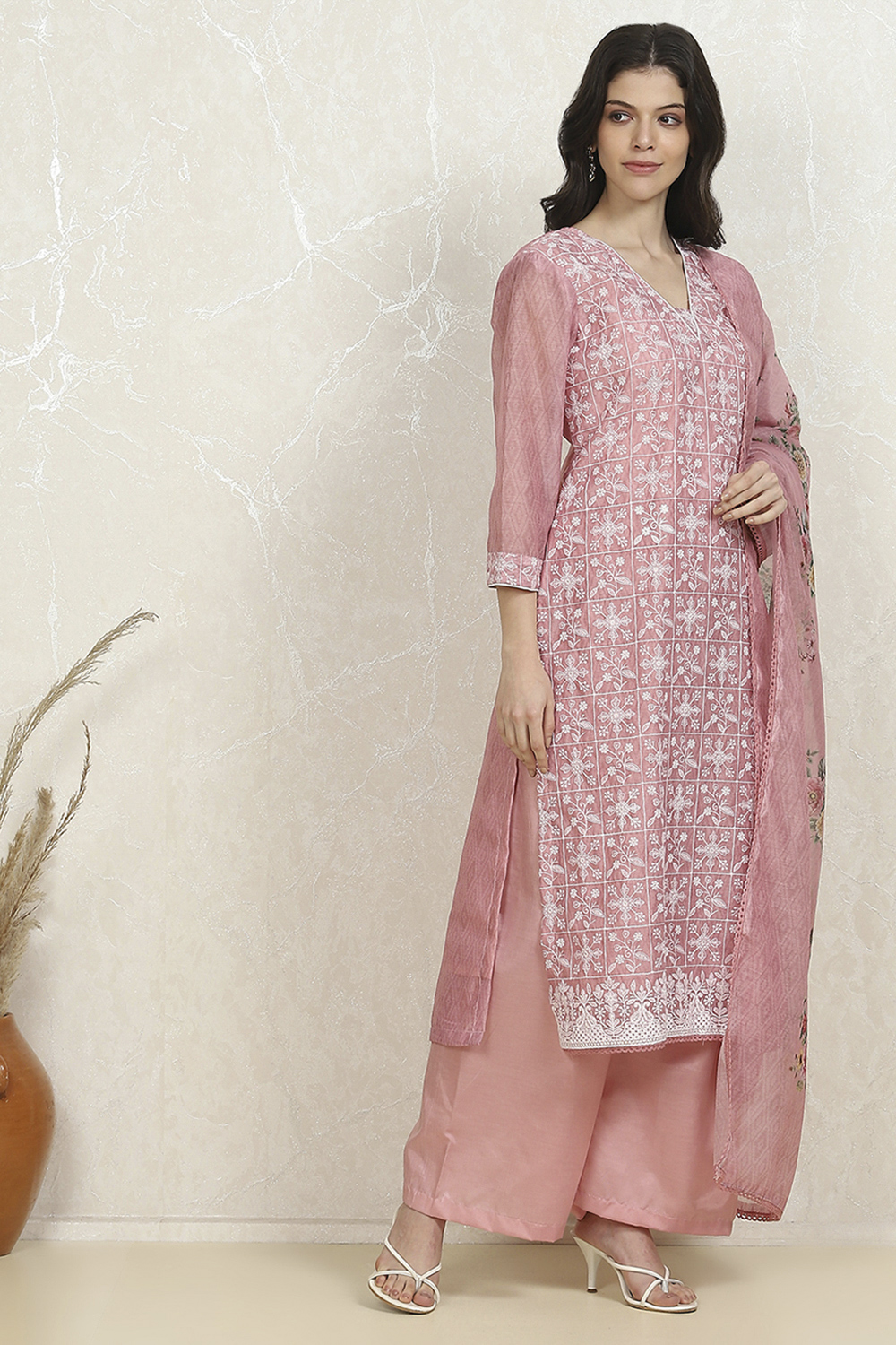 Dusky Pink Chanderi Machine Embroidered Unstitched Suit Set image number 6