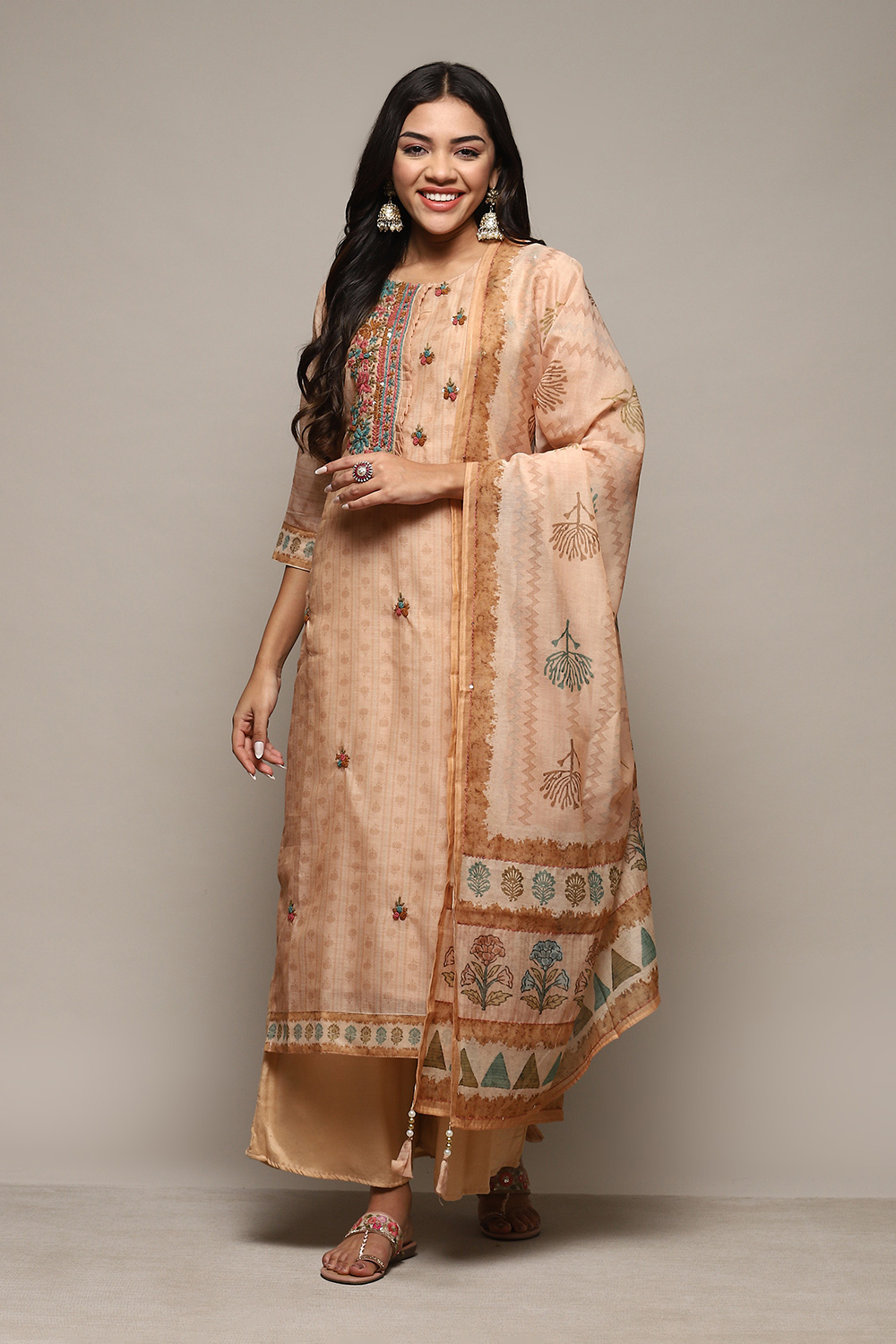 Light Brown Chanderi Handloom Unstitched Suit Set image number 8