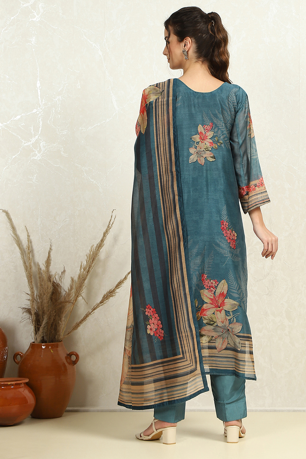 Blue Chanderi Floral Printed Unstitched Suit Set image number 4