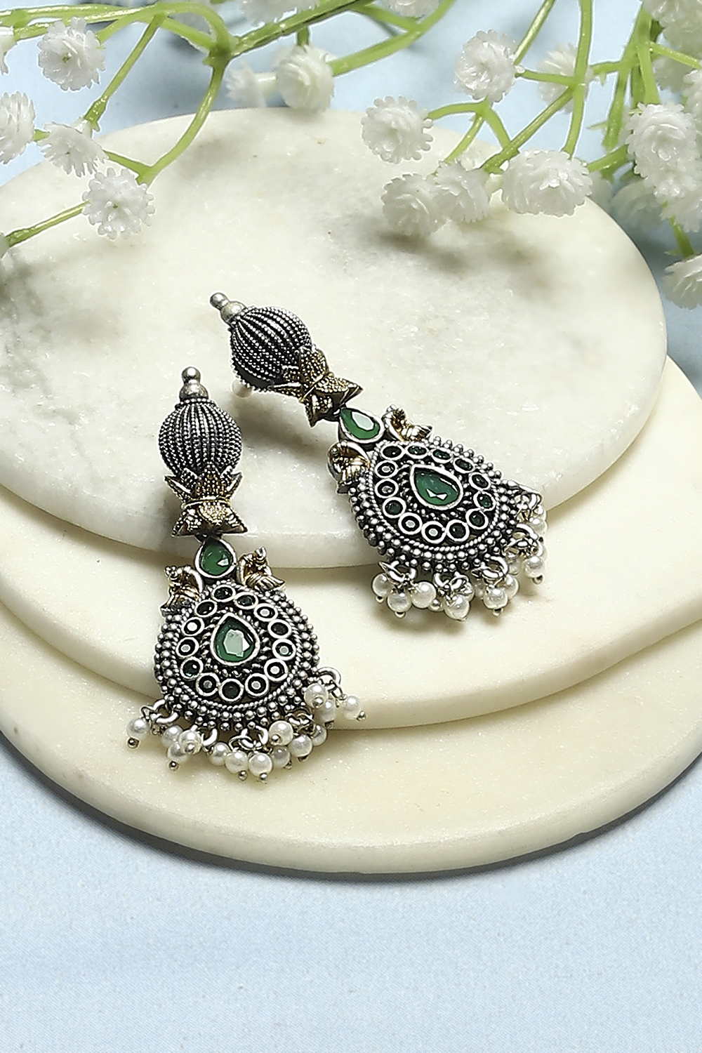 Green Oxidised Stone Studded Tear Drop Danglers image number 0