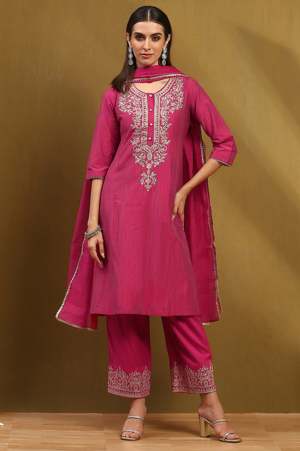 Fuchsia Embroidered Kalidar Suit Set image number 0