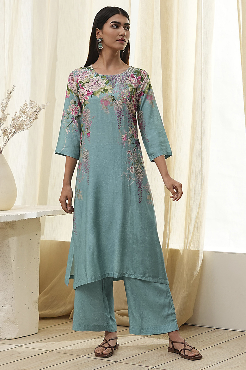 Blue Modal Blend Straight Suit Set image number 6