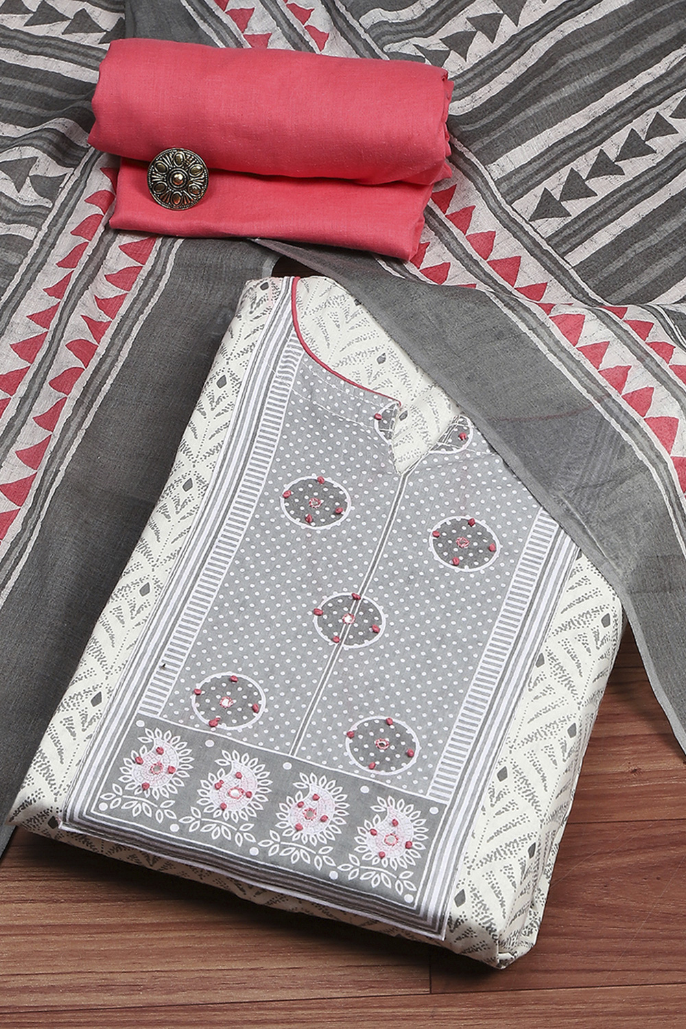 Grey Cotton Printed Embroidered Unstitched Suit Set image number 0