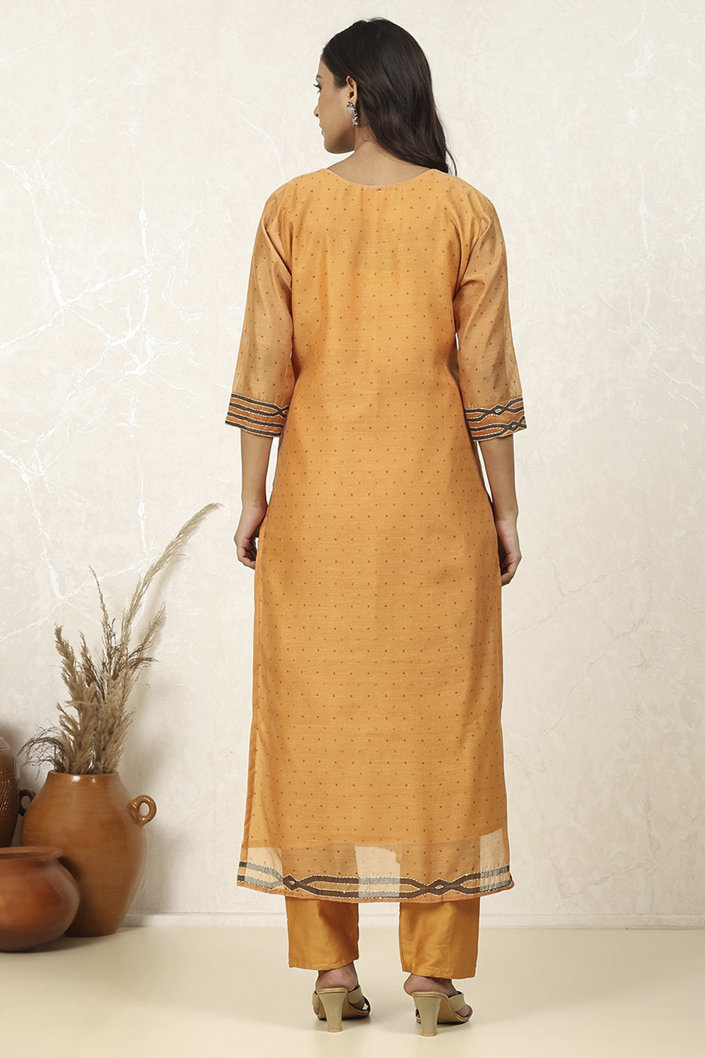 Yellow Chanderi Printed  Embroidered Unstitched Suit Set image number 5