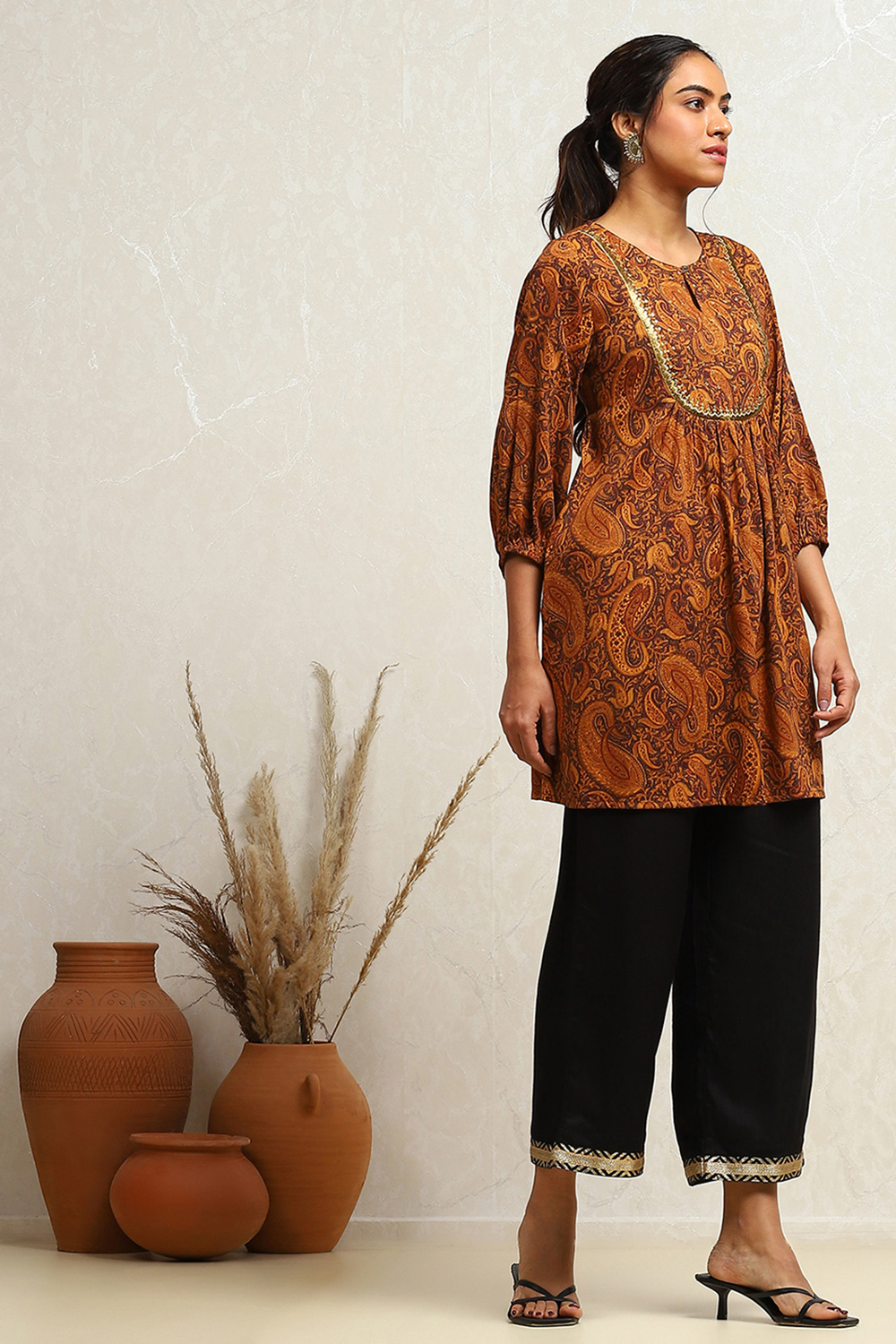 Mustard Yellow Cotton Paisley Printed A-line Kurti image number 4