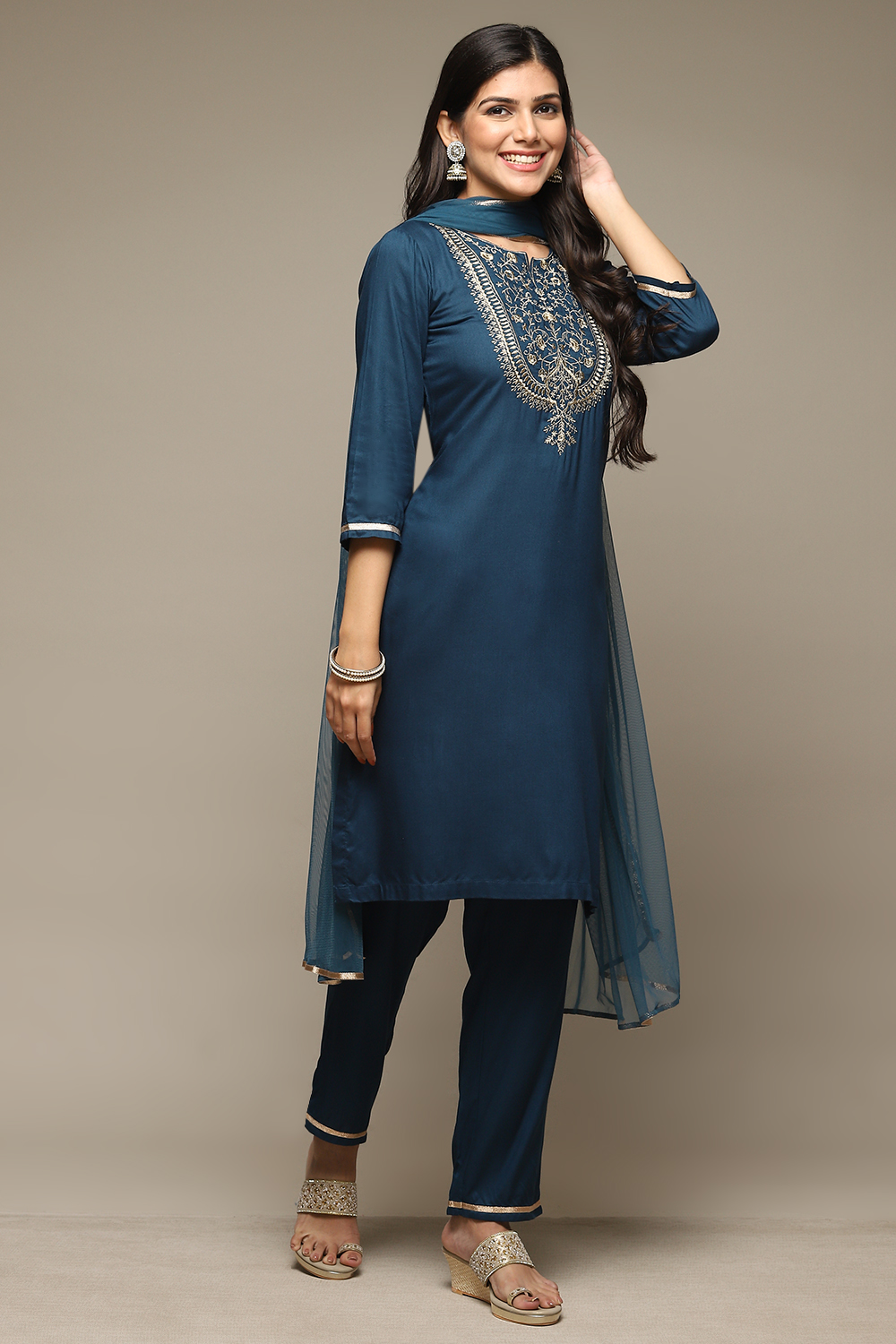 Teal Rayon Straight Kurta Pants Suit Set image number 6