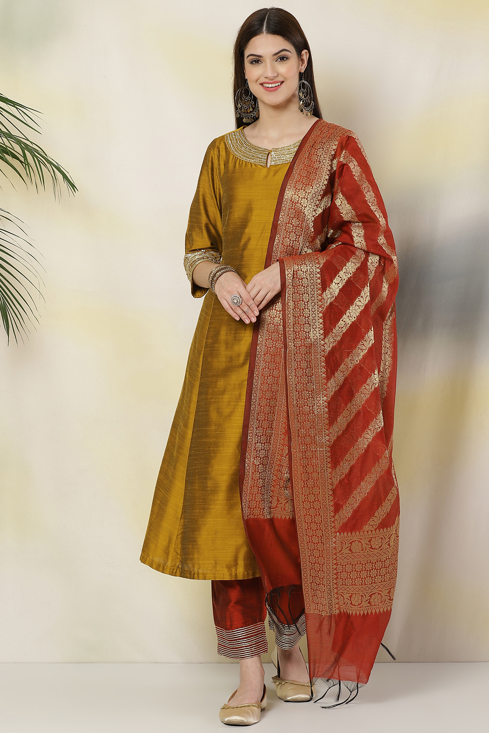 Mustard Poly Viscose Anarkali Kurta Palazzo Suit Set image number 4