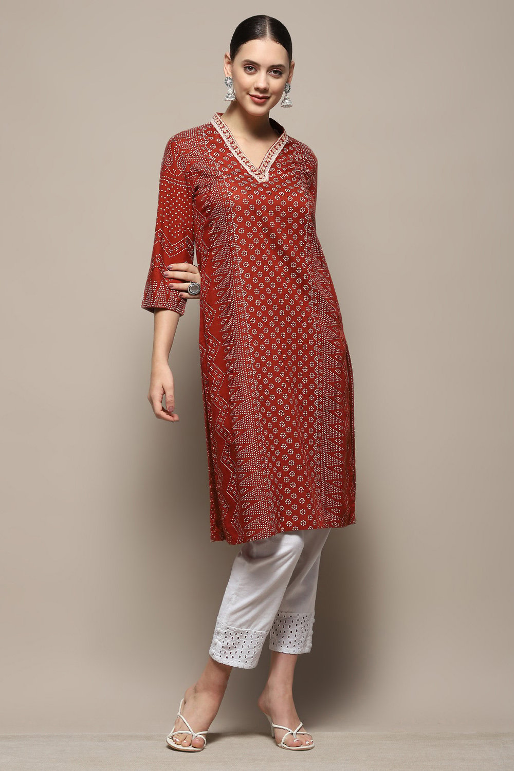 Cream-coloured Printed Regular Fit Straight Kurta image number 0