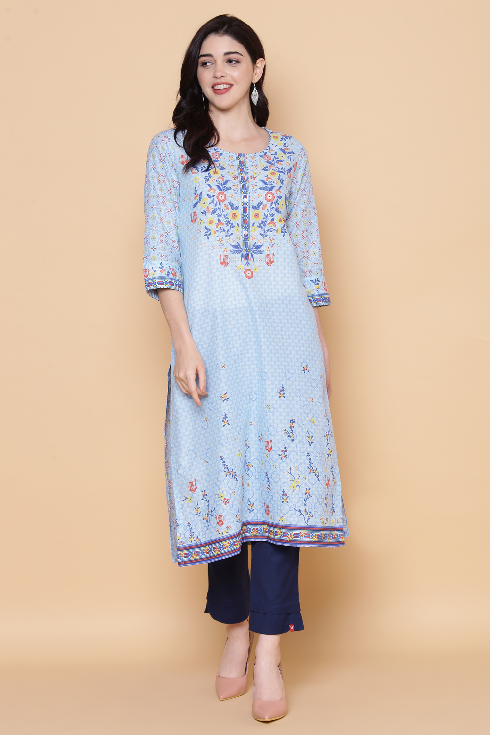 Blue Cotton Straight Printed Kurta image number 0