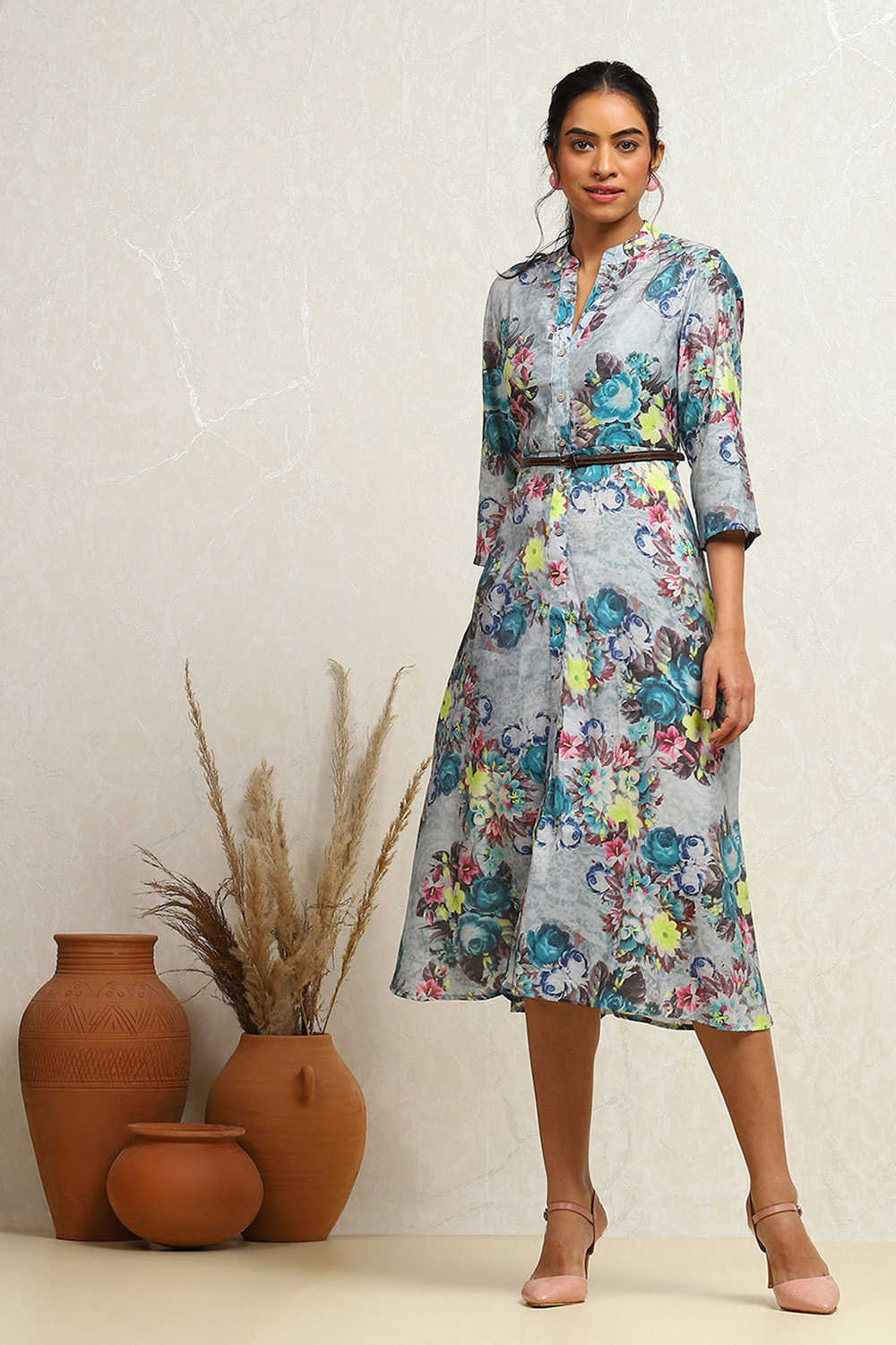 Purple Floral Block Printed A-line Dress image number 5