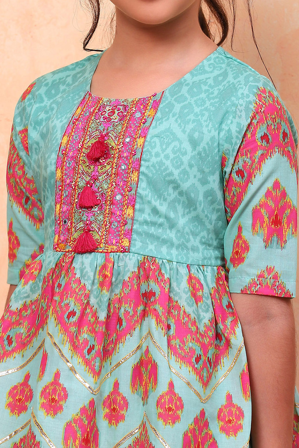 Turquoise Cotton Ikat Printed Peplum Flared Suit Set image number 1