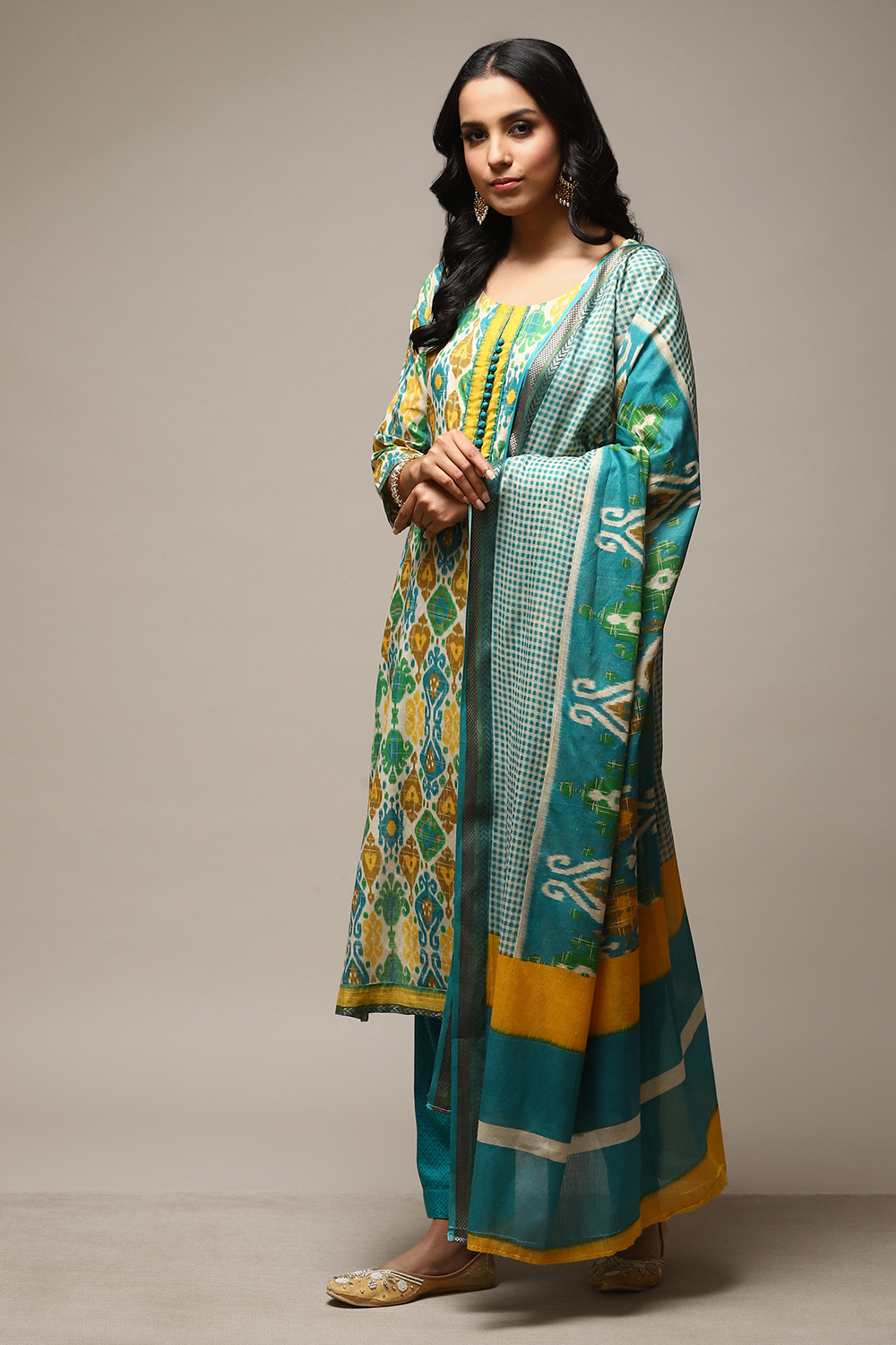 Rama Teal Cotton Hand Block Print Unstitched Suit Set image number 2