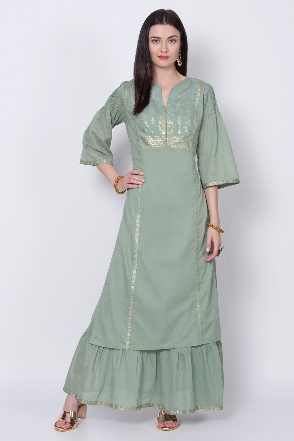 Green Cotton Flared Printed Kurta image number 0