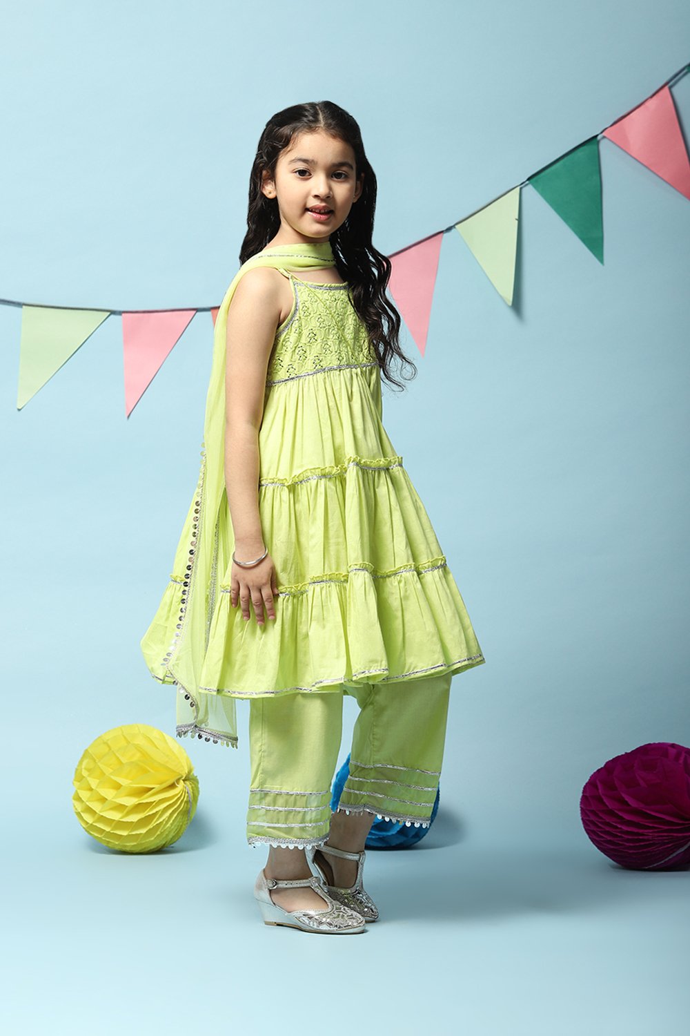 Buy Lime Green Cotton Tiered Kurta Straight Palazzo Suit Set for ...