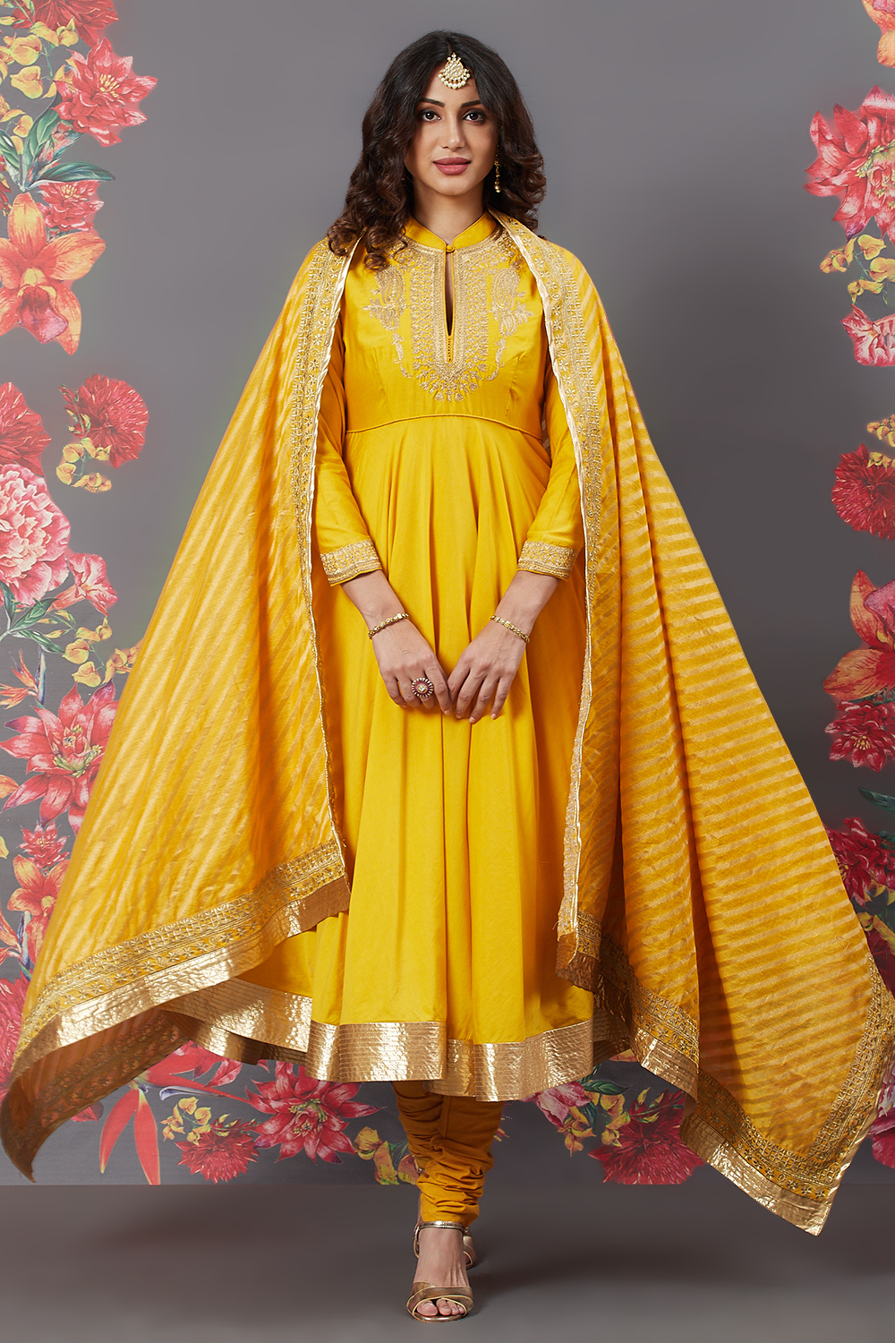Rohit Bal Yellow Cotton Silk Anarkali image number 3