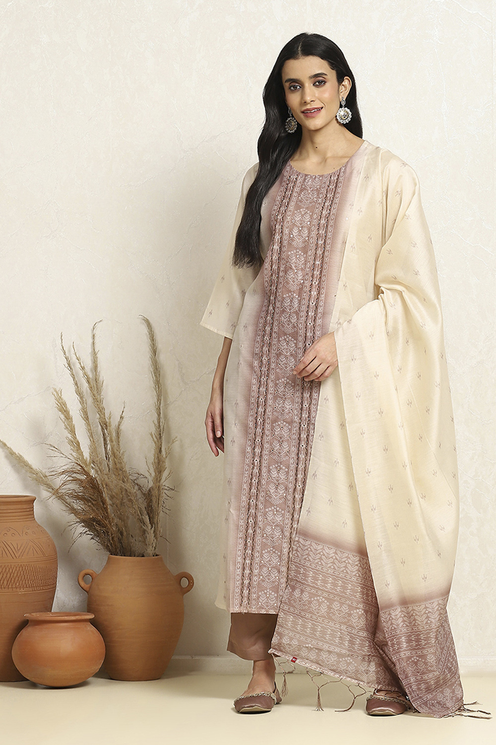 Grey and Off-White Chanderi Woven Unstitched Suit Set image number 1