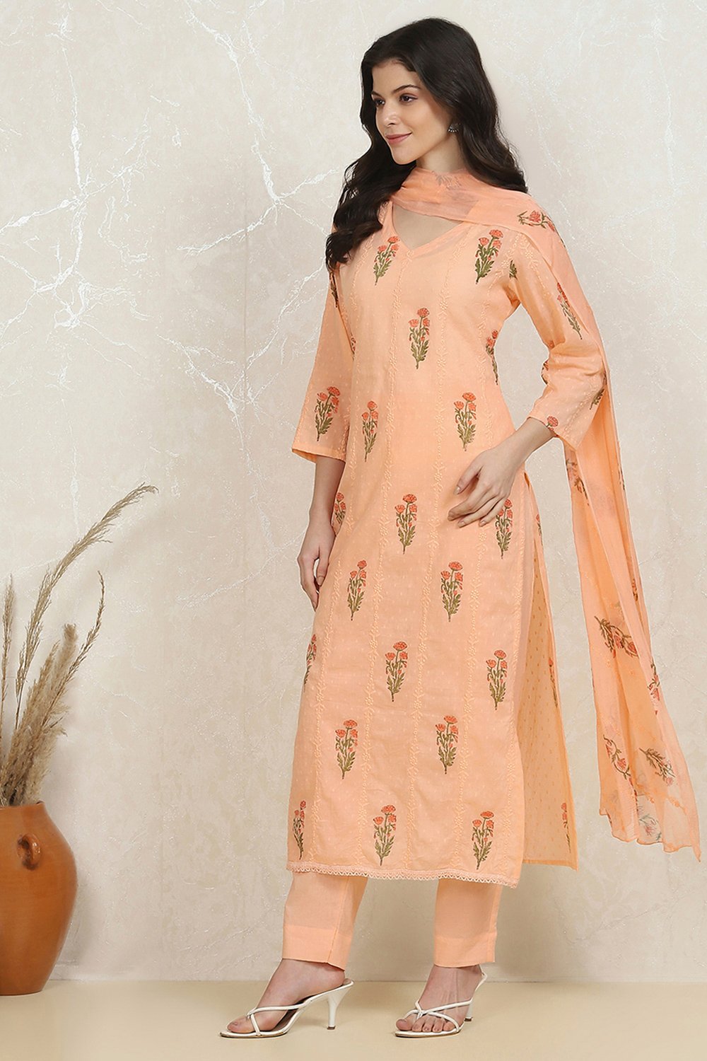 Peach Cotton Hand Block Print Unstitched Suit Set image number 4