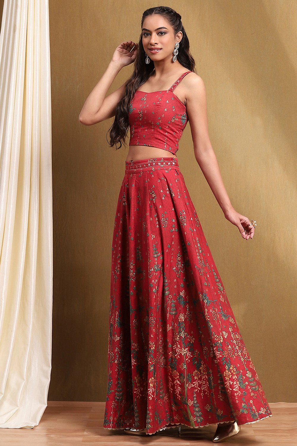 Red Satin Printed Lightweight Lehenga Set image number 3