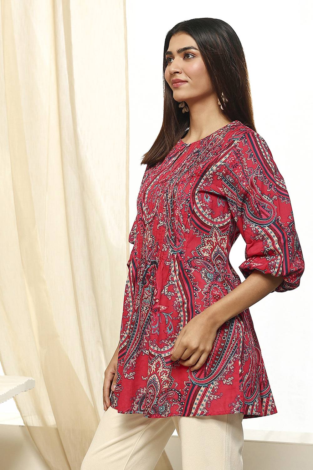 Magenta Cotton Regular Fit Printed Kurta image number 2