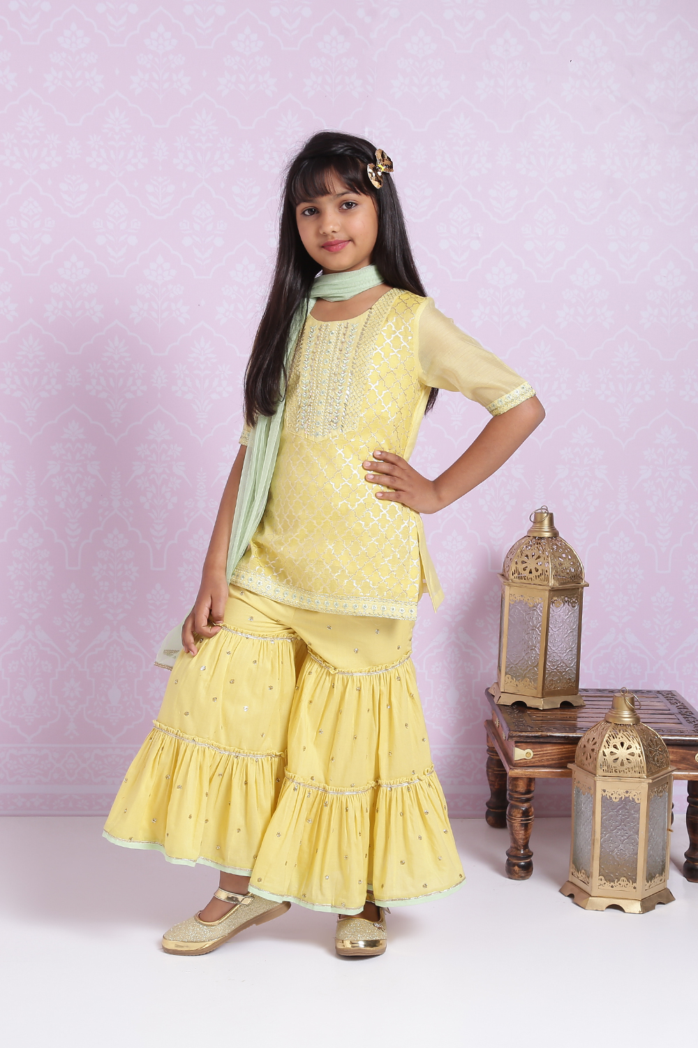 Yellow Polyester Straight Kurta Sharara Suit Set image number 3