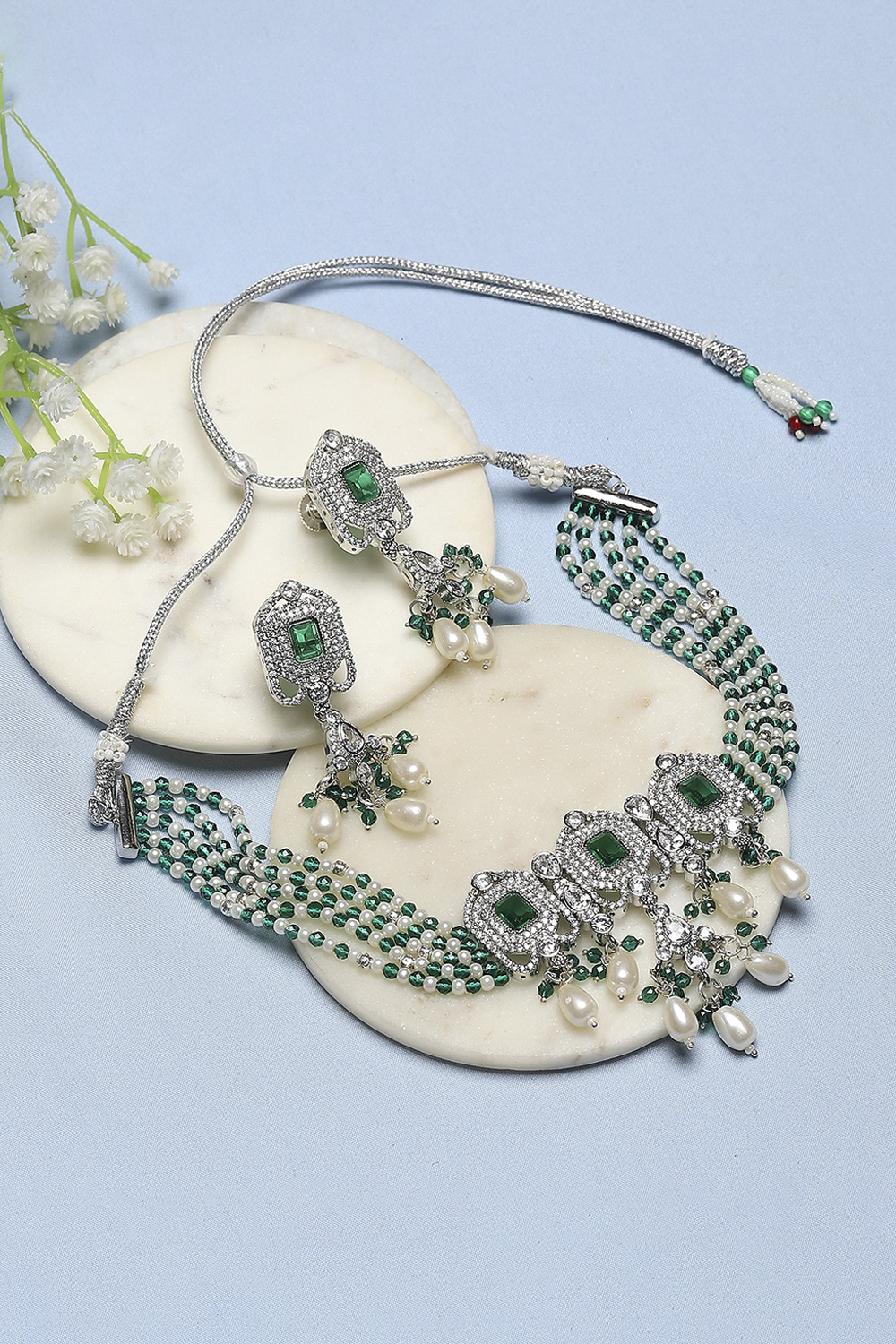 Green Brass Pendant Necklace Set image number 0