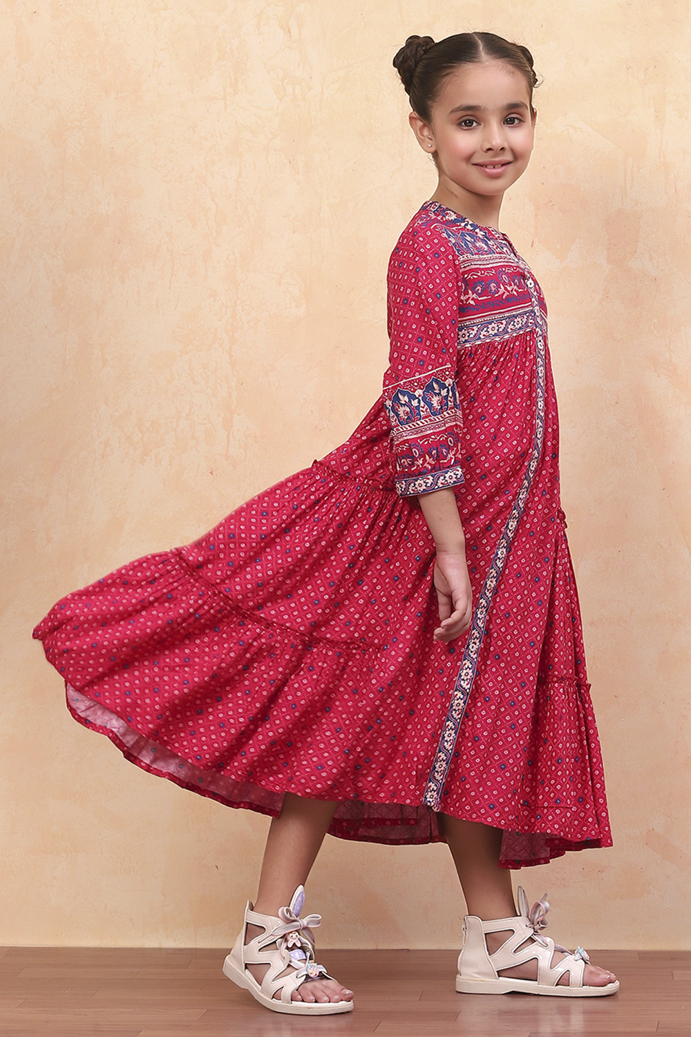 Pink Bandhani Printed Flared Tiered Dress image number 4