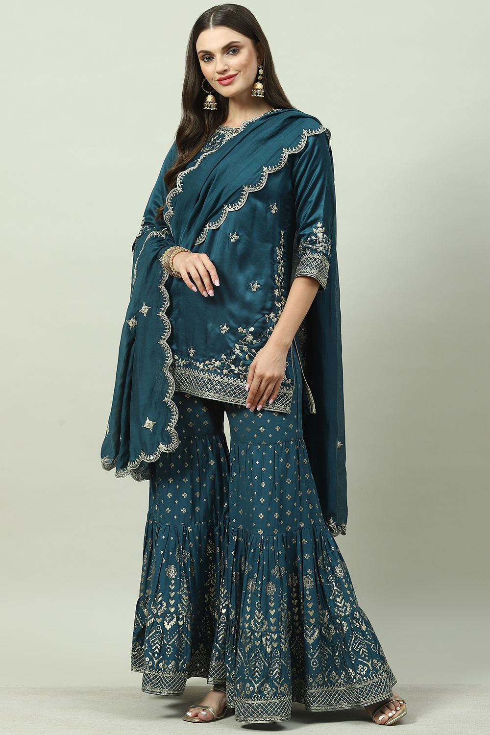 Teal Blue Viscose Straight Kurta Garara Suit Set image number 7